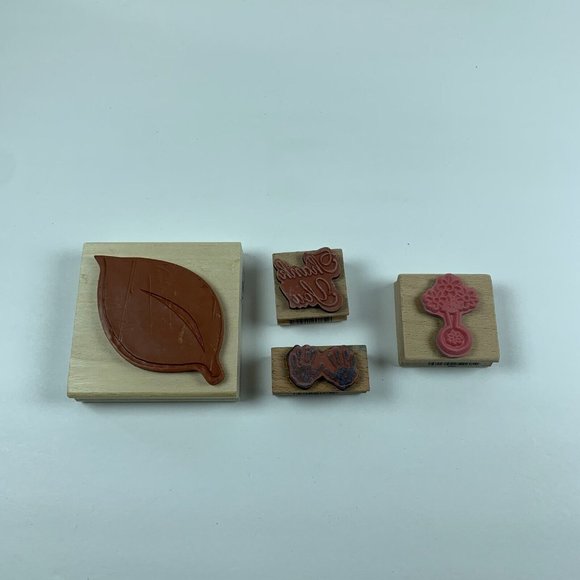 Lot Of 4 Multicolor Square Leaf, Hands, Thanks &‎ Vase Wooden Rubber Stamps 6168 - Picture 2 of 4